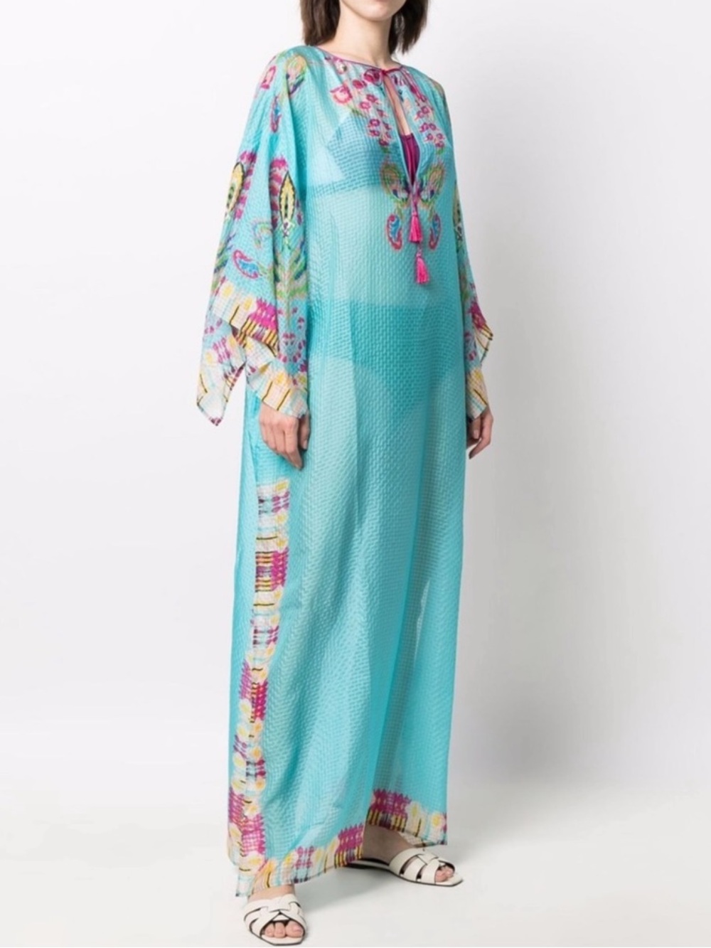 Etro (46 IT / L-XL) Silk Paisley Print Embroidered Tassel Kaftan Maxi Cover Up